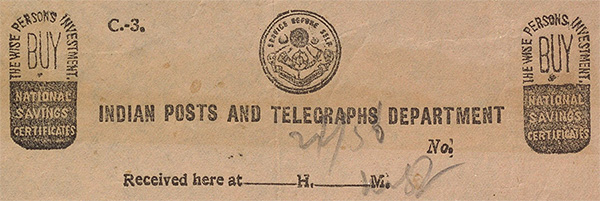 The header of a telegram from the Indian Posts and Telegraphs Department features the emblem of India and the text National Savings Certificates. The form includes fields for date and number, with the title The Wise Persons Investment on both sides.
